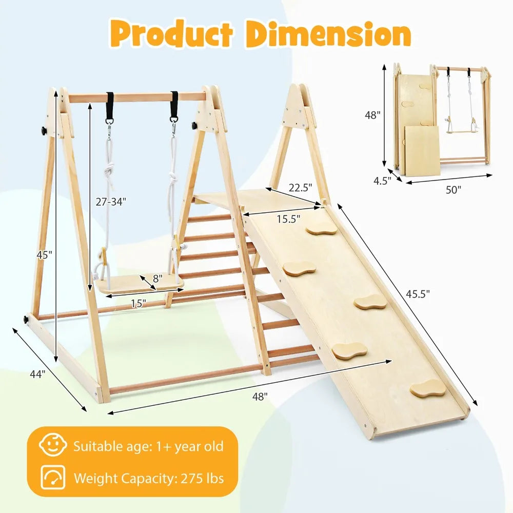 Indoor Playground w/ Slide Climbing Rock Adjustable Swing Wooden