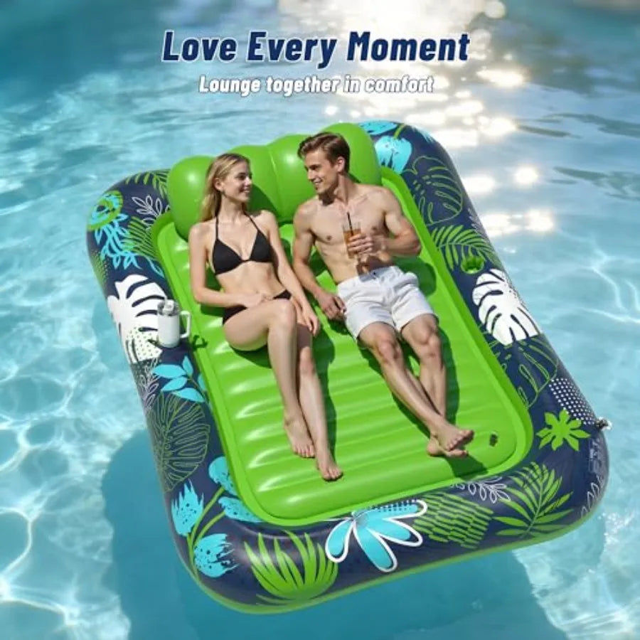 Josen Inflatable tanning pool lounger float for outdoor water use heavy-duty PVC material blue color XXL 83 x 63 size with sprinkler