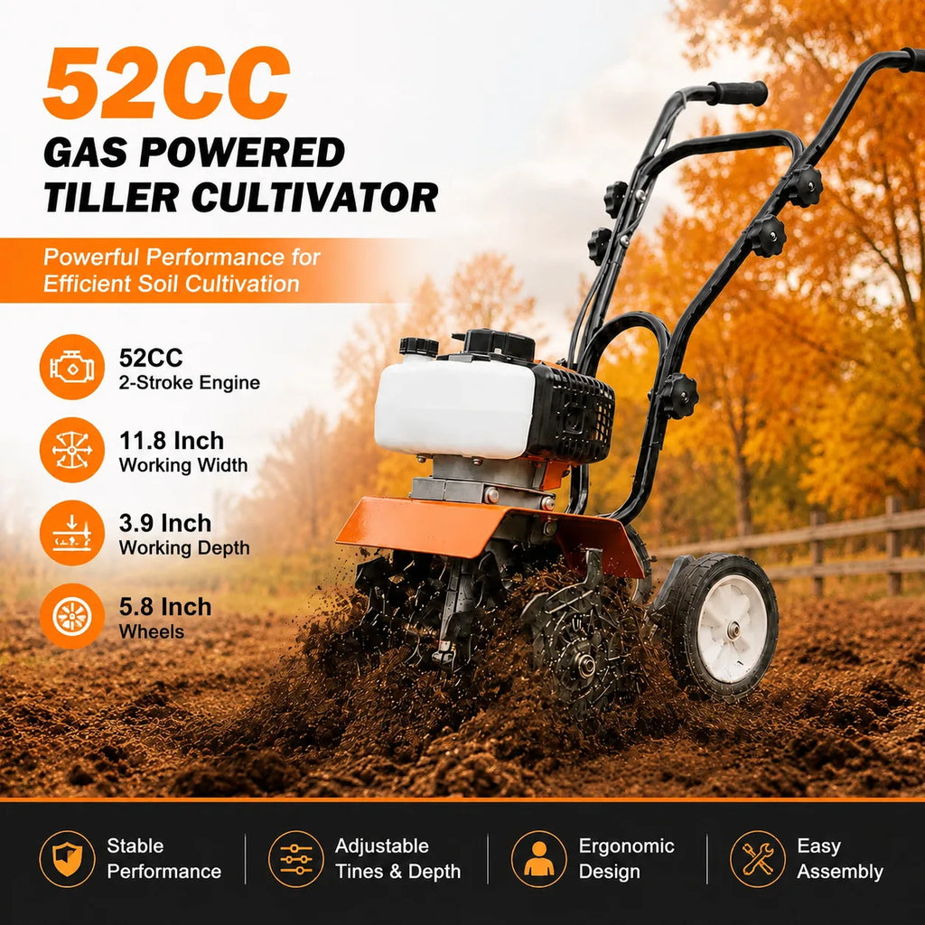 52CC Gas Powered Tiller Cultivator 2 Stroke Engine Garden Rototiller with Adjustable Steel Tines 11.8 Inch Working Width Soil Cultivator for Vegetable Garden Flower Bed Yard Field Farming