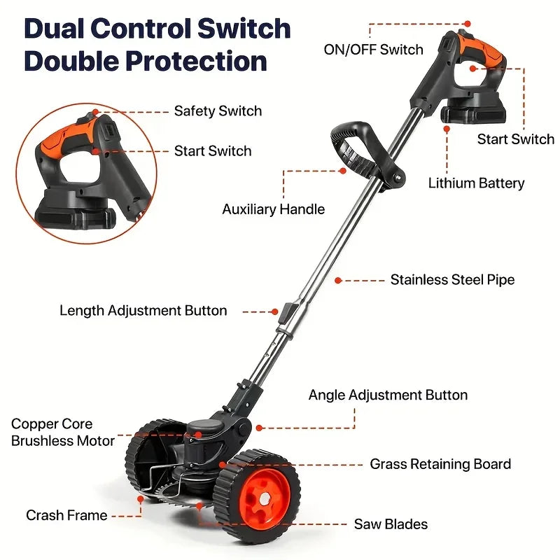 Wireless portable weed trimmer for lawn trimming. The trimmer is equipped with 2 lithium batteries and comes with replaceable blades