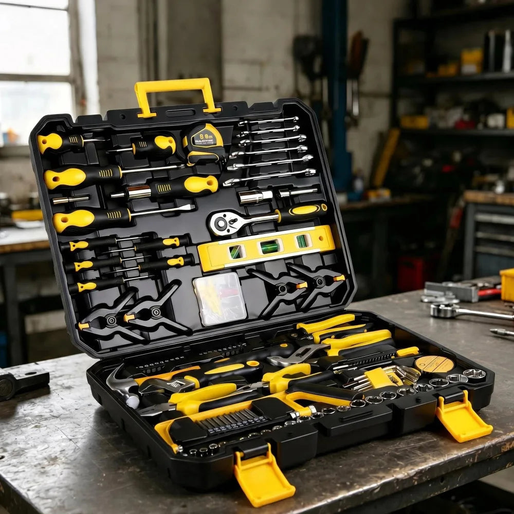 This Household Tool Set with Toolbox Is A Complete Set of 266 Hand Tools, Including A Ratchet Screwdriver, Socket Wrench Set, Pliers, Hammer, Level, and Measuring Tape. It Is Versatile, Rust-resistant, Corrosion-resistant, an