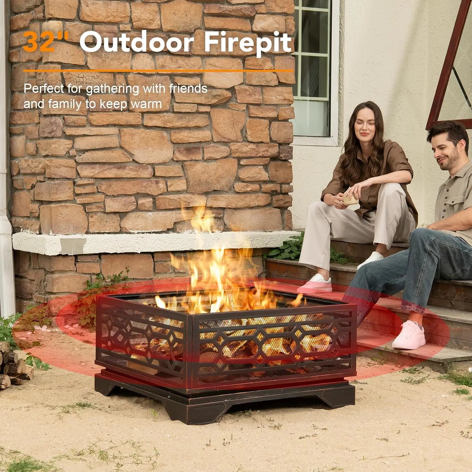 Outdoor Fire Pit, 32 Inch Wood Burning Firepit: Outside Firepit With Mesh Cover & Fire Poker, Large Square Metal Firepit, Customized