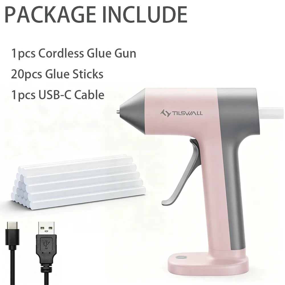 Electric Hot Melt Glue Gun 30s Fast Heating Cordless Glue Gun With 20pcs Glue Sticks 2000mAh Type-C Rechargeable Hot Melt Glue Gun 1.7mm Precision Nozzle For DIY Craft Home Repair Quick Repairs