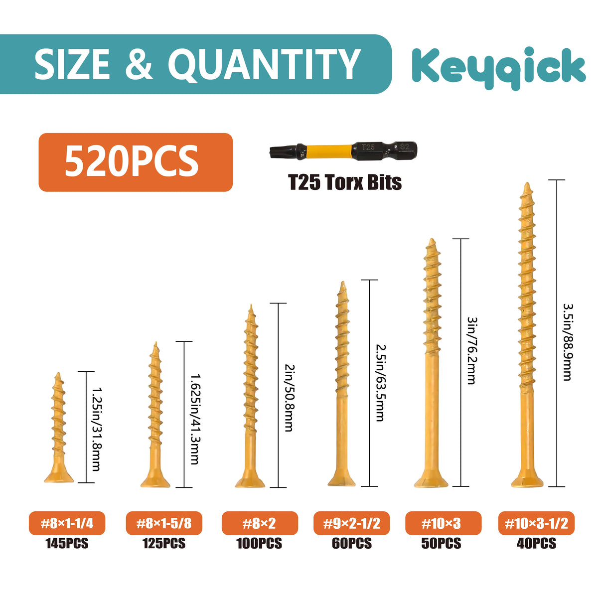 Keyqick 520PCS Rust Proof, Epoxy Coating, #8, #9, #10 Yellow Torx Wood Screws, Yellow Plum Blossom Wood Screws, Rustproof Heavy-Duty Screws with T25 Bit & Toolbox for Outdoor Deck Furniture, Torx/star Drive Head