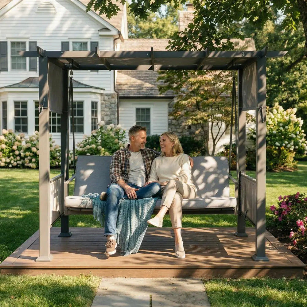 Seat Pergola Swing Bench, 2in1 Porch Swing Bed, Garden Swing Adjustable UV Canopy amp Curtains, Olefin Cushions, 330 lb Seat, R