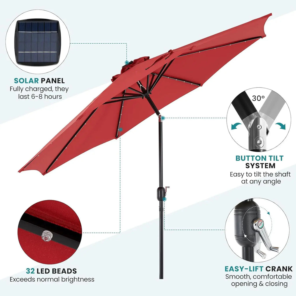 10FT Solar Patio Umbrella with 32 LED Lights, Tilt & Crank, Waterproof