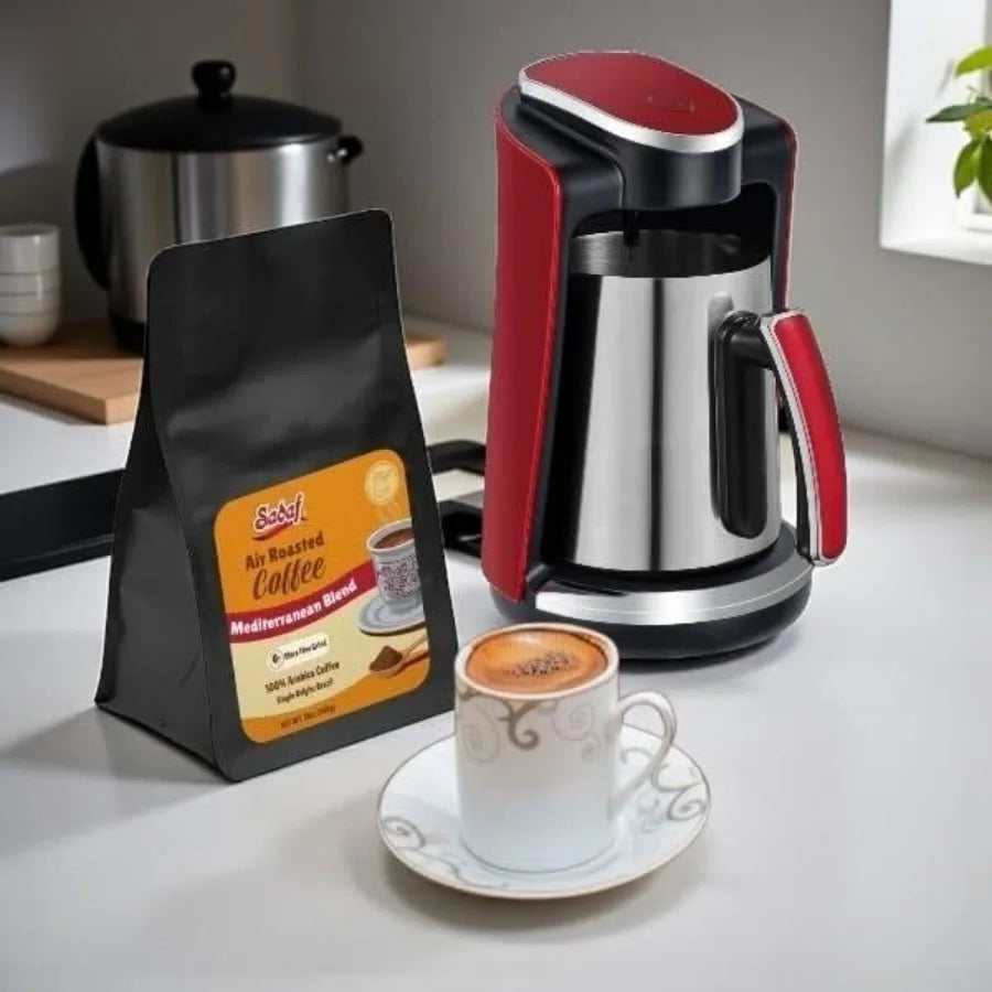 One-Touch Mediterranean Coffee Maker Electric Turkish Greek and Armenian Coffee Machine Stainless Steel 250ml Red Foam Control