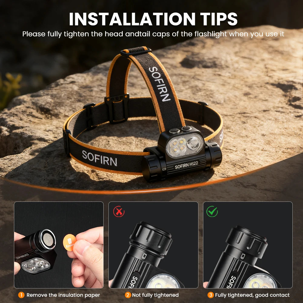 SOFIRN HS22 Headlamp SFT25R 18650 LED Flashlight 2700K-6000K Multi Light Resource USB C Rechargeable Headlight Warm Light