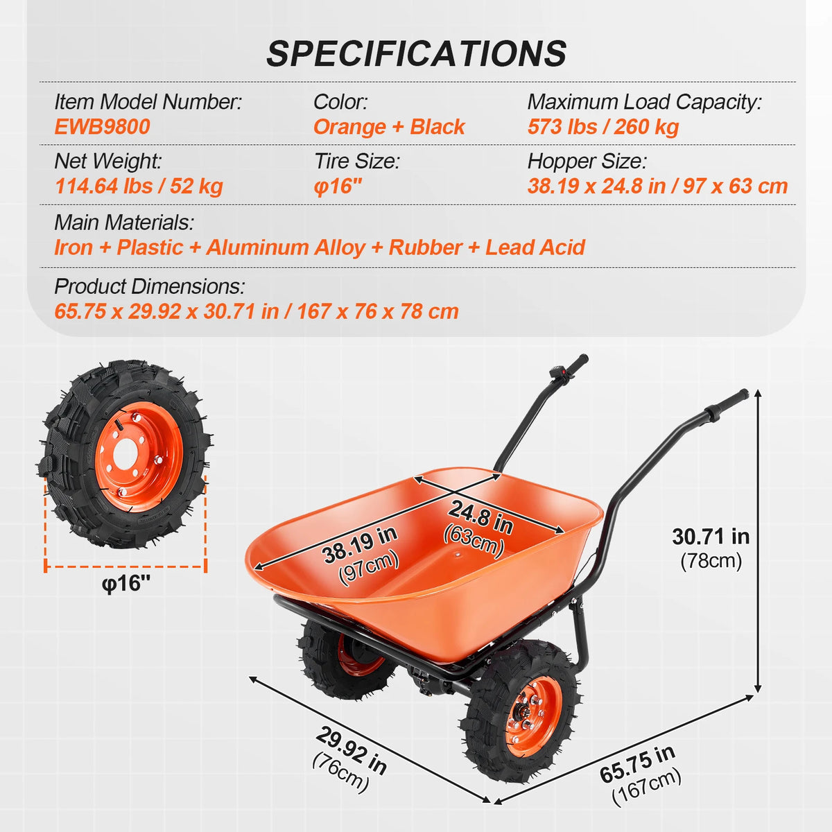 SucceBuy Electric Wheelbarrow Cart Utility Garden Wagon Dump Cart with Metal Handle & 16" Track Wheel One Wheel Barrow Yard Cart. 5 & 7 Cu. Ft.