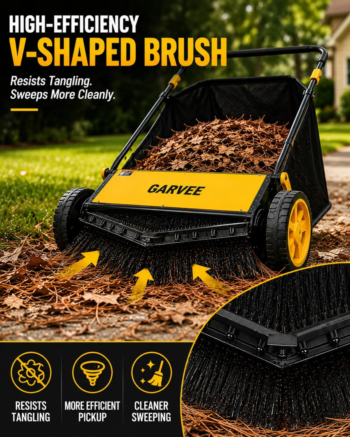 Garvee 21 Inch Push Lawn Sweeper, Manual Leaf & Grass Collector With 3.5 Cu.Ft. Mesh Bag, Wheel-Driven Yard Sweeper, 10-Level Height Adjust