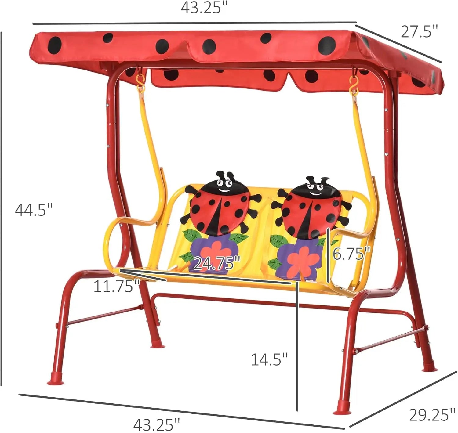Porch Swing for Kids with Adjustable Canopy to Block Sun at Angles, Kids Swing Chair with Seatbelts, Red Ladybugs And Yellow