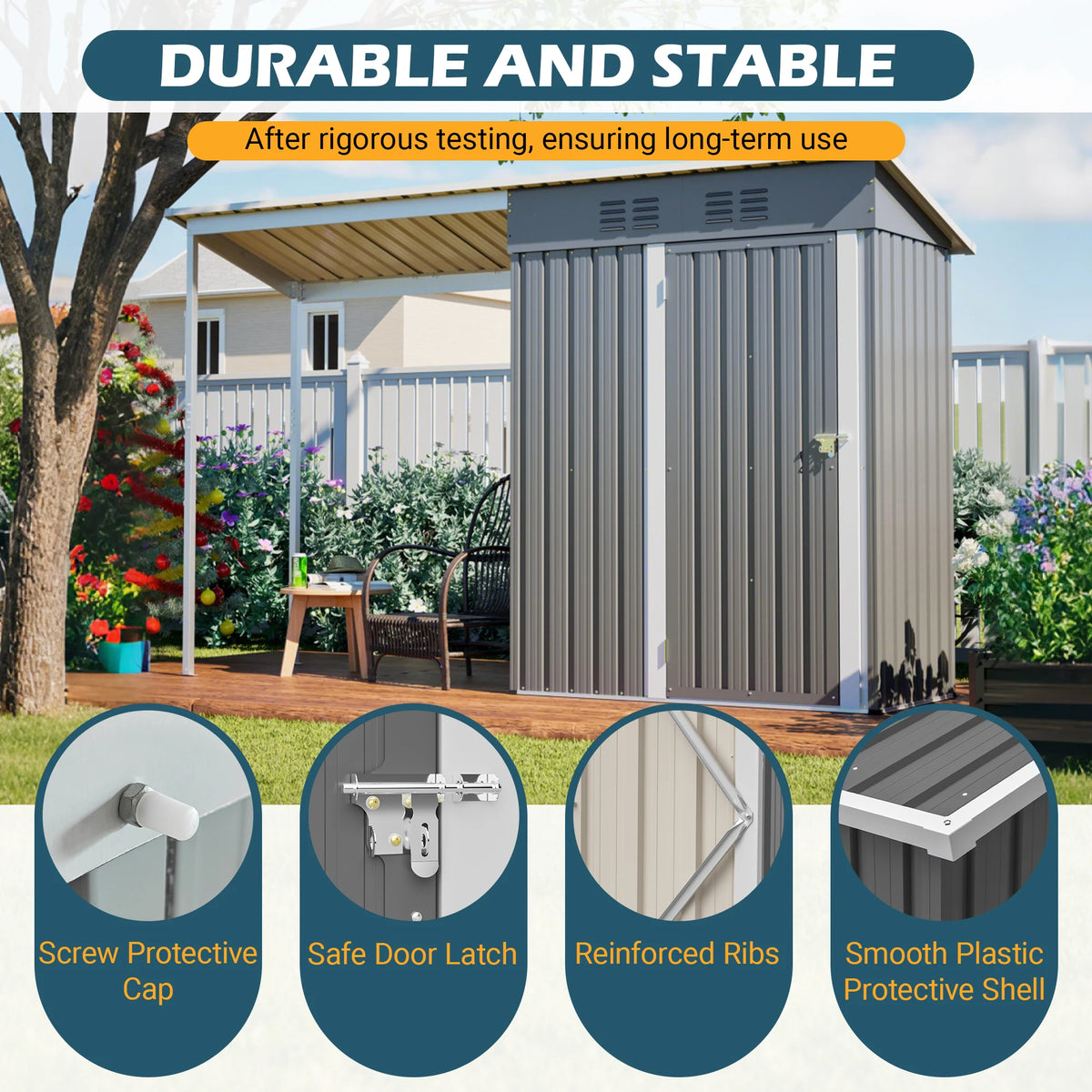 Thanaddo 5x3 FT Metal Outdoor Storage Shed with Attached Hardtop Pergola, Lockable Double Door Garden Tool House with 2 Air Vents, Sloped Weatherproof Roof