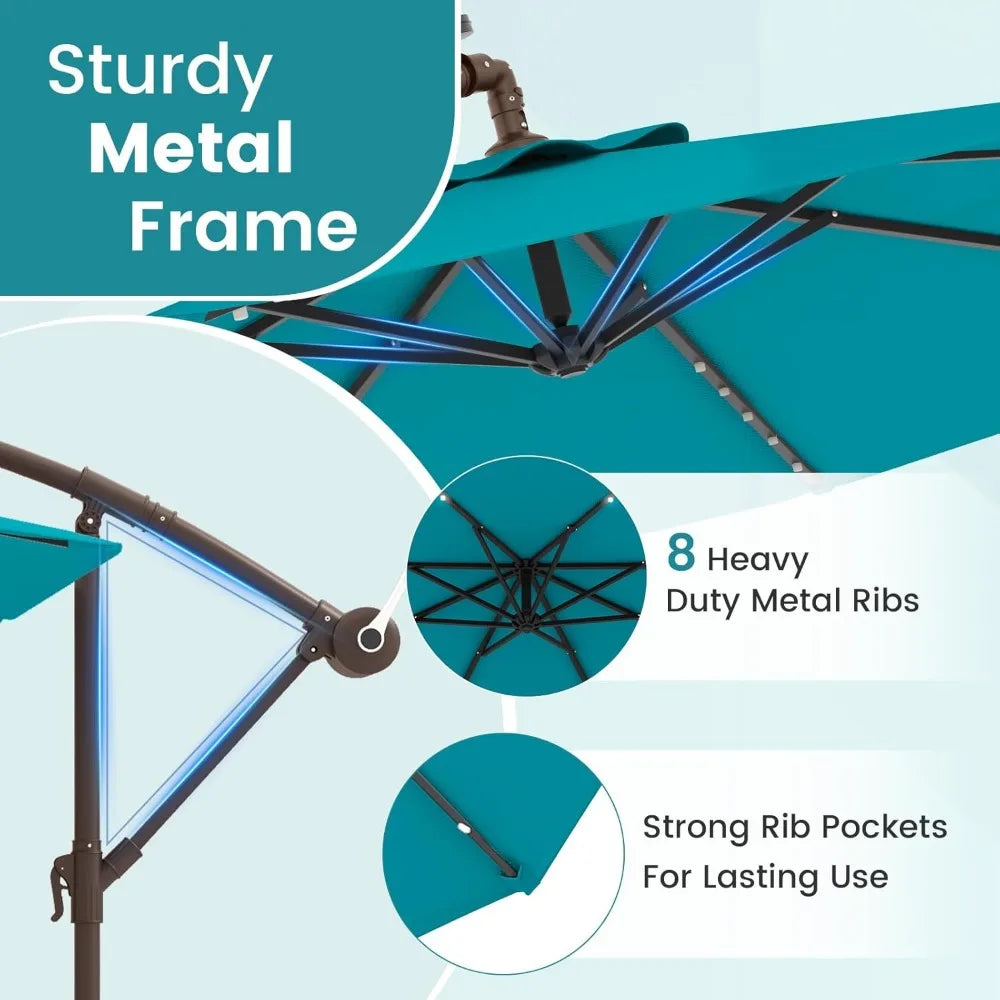 10FT Offset Patio Umbrella with Base Included, Outdoor Cantilever Umbrella with 32 Solar LED Lights, Tilt Adjustment, Crank Han