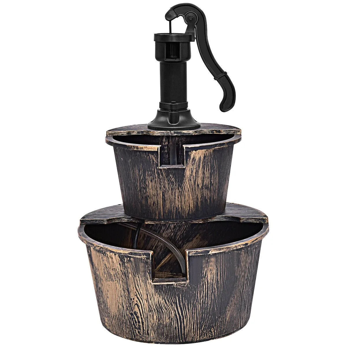 2 Tier Barrel Waterfall Fountain, Barrel Water Fountain Pump, Outdoor Garden Decor
