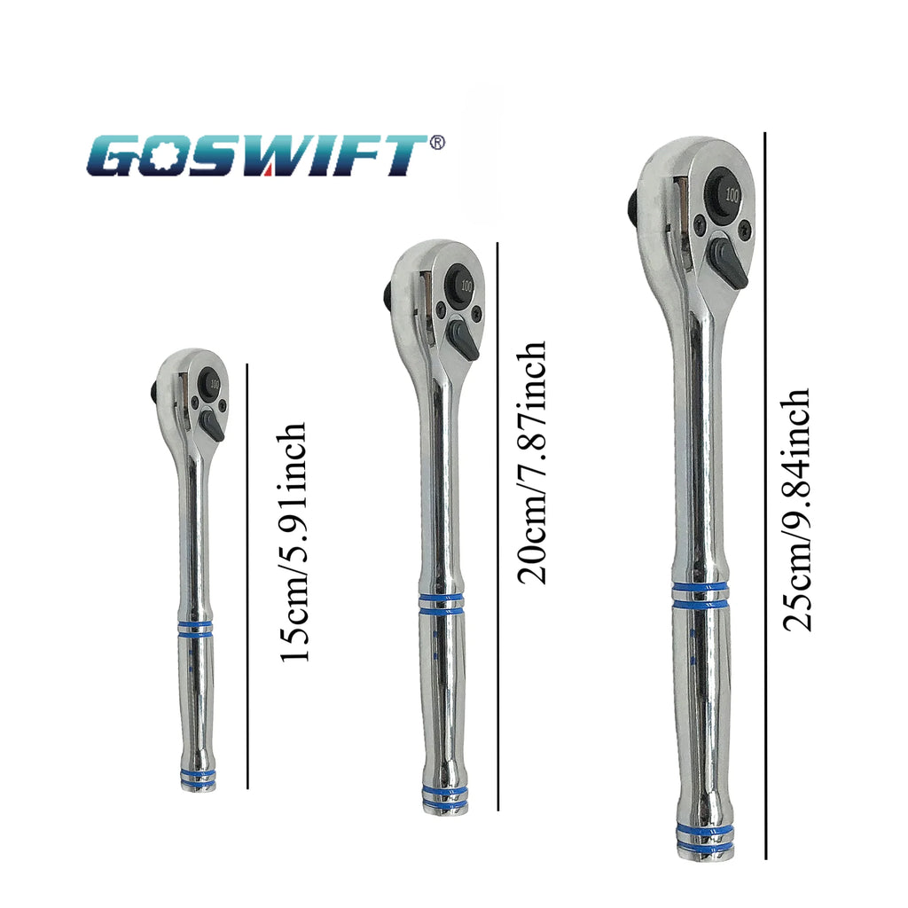 GOSWIFT 3 Pieces 1/2" 3/8" 1/4" 100-Tooth Quick-Release Ratchet-Wrench Set And 3 Pieces 12" Locking Pliers Set - Straight/45°/90° Angled Jaws for Hard-to-Reach Gripping & Clamping