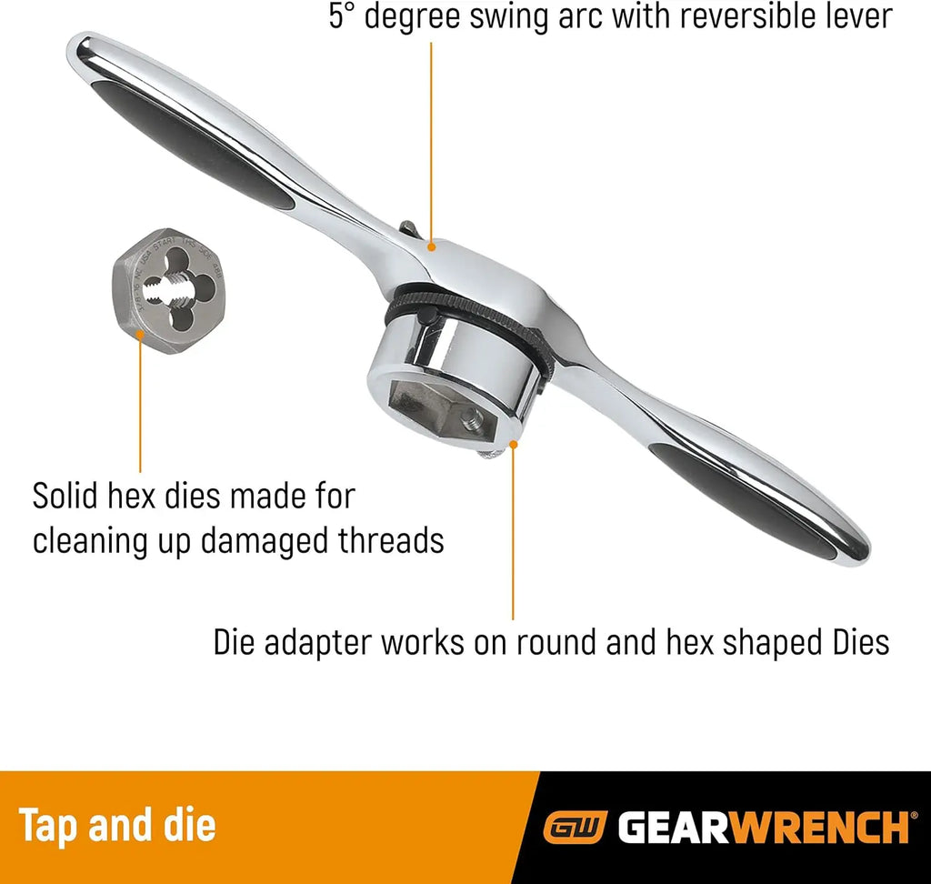 75-Piece SAE/Metric Ratcheting Tap and Die Set - 5° Swing Arc, Reversing Lever, Twist Lock Guide