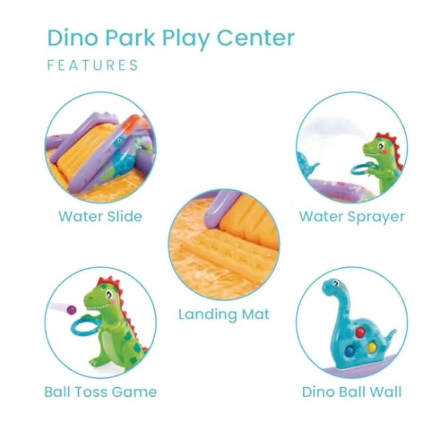Dino Park Inflatable Kiddie Pool for outdoor play PVC material multi-color includes water sprayer and slide for enhanced play