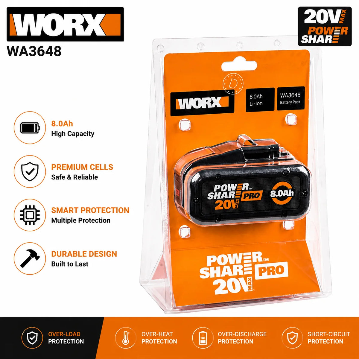100% Original Worx 20V 8.0Ah Lithium Battery, Rechargeable WA3553 WA3551 WA3553.1 WA3570 for All WORX Electric and Garden Tools