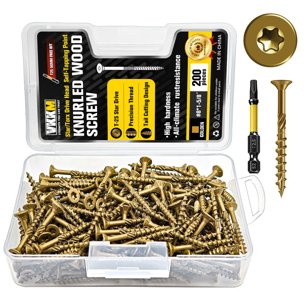 VKKM 200Pcs #8 Torx Wood Screws Kit, Star Drive Self Tapping Outdoor Deck Screws, Heavy Duty All Weather Rust Resistant with Bit for Home DIY