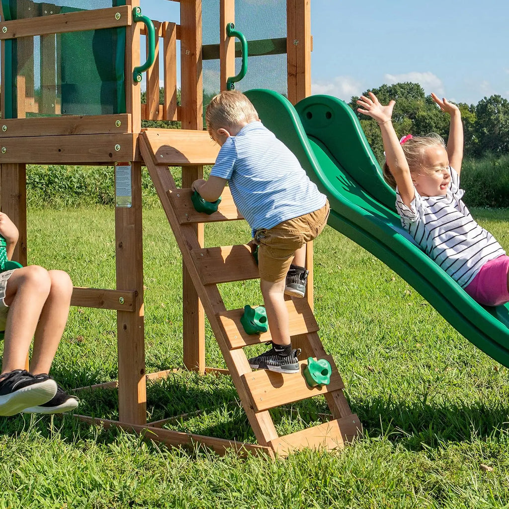 Buckley Hill Cedar Wood Swing Set with Wave Slide, Play Deck, Rock Wall Ladder, Belt Swings, Chalkboard, Canopy Roof, Outdoor Play Center.