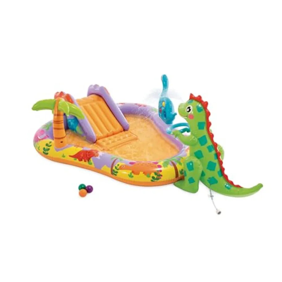 Dino Park Inflatable Kiddie Pool for outdoor play PVC material multi-color includes water sprayer and slide for enhanced play