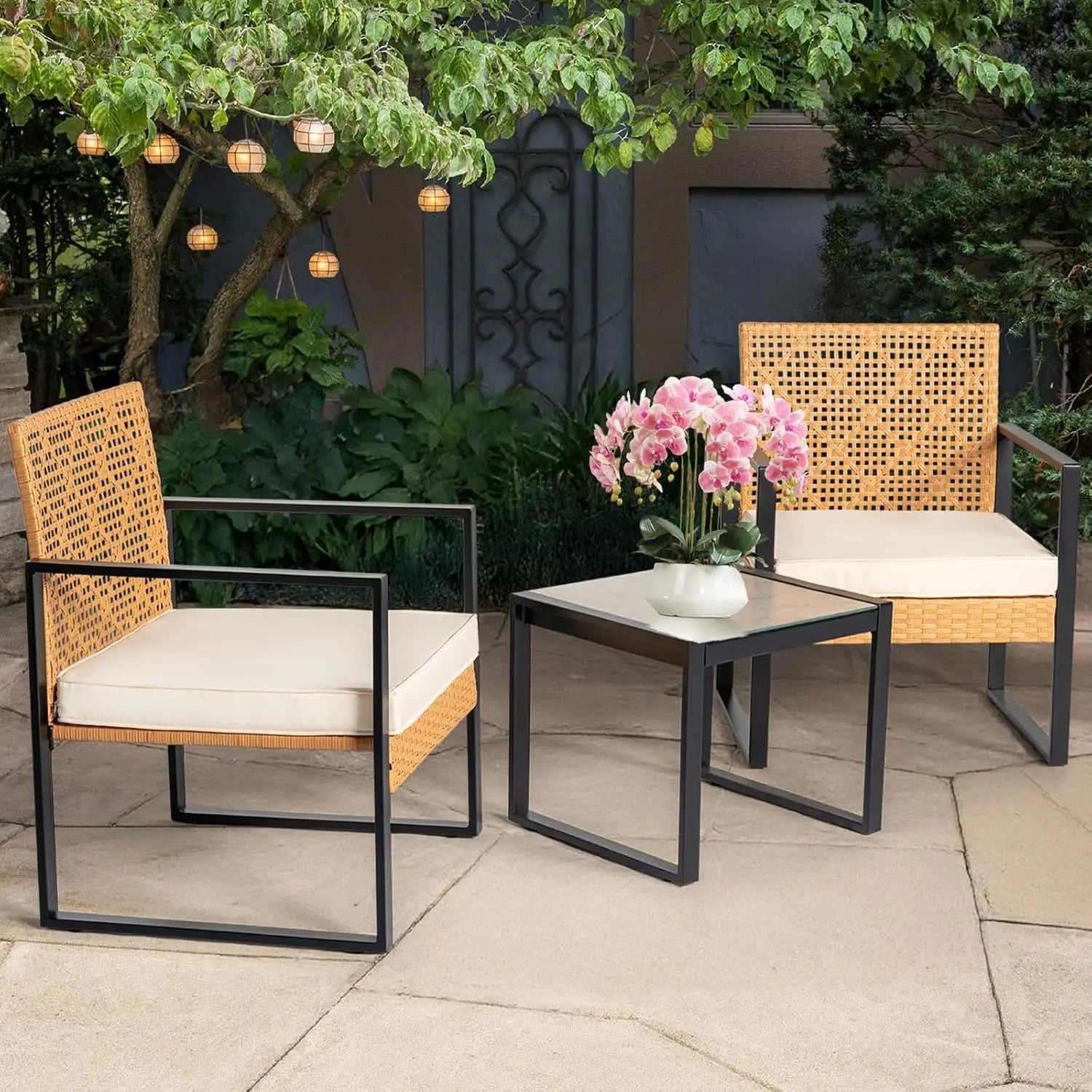3 Piece Outdoor Wicker Bistro Set, Patio Conversation Set, 2 Large Rattan Chairs W/Tempered Glass Table, Patio Furniture