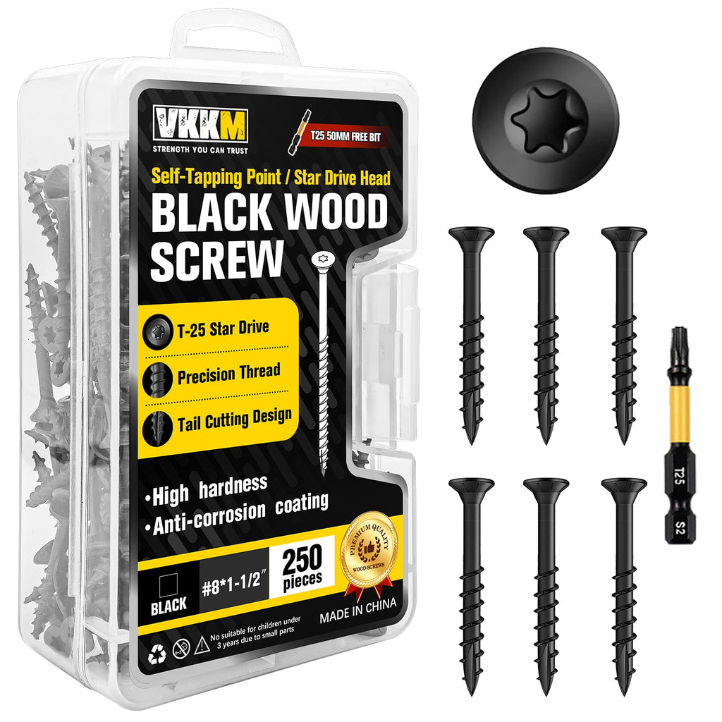 VKKM 250Pcs Black Wood Screws #8x1.5", T25 Star Drive Self Tapping with 50mm Free Bit, Heavy Duty Anti-Rust for Deck Furniture Woodworking DIY