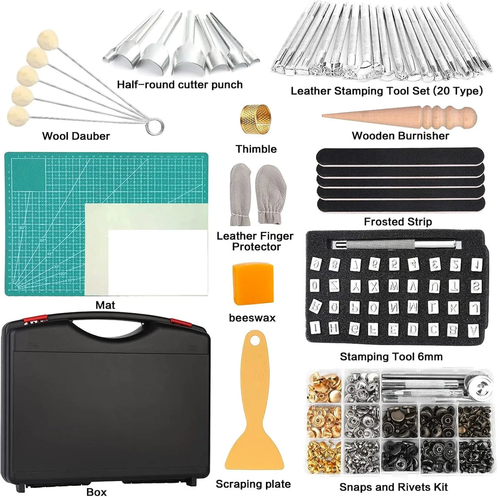 273-Piece Leather Crafting Kit, Leather Working Kit With Toolbox, Cutting Mat, Stamps, and Rivets for DIY Projects