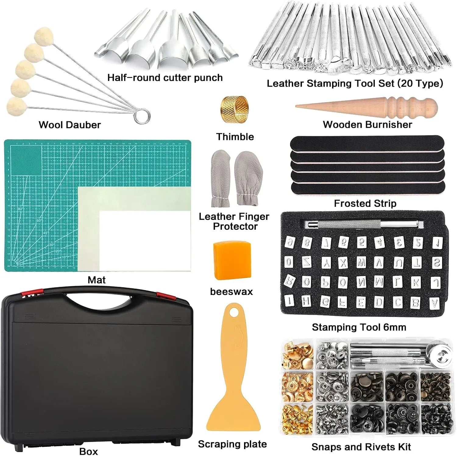273-Piece Leather Crafting Kit, Leather Working Kit With Toolbox, Cutting Mat, Stamps, and Rivets for DIY Projects