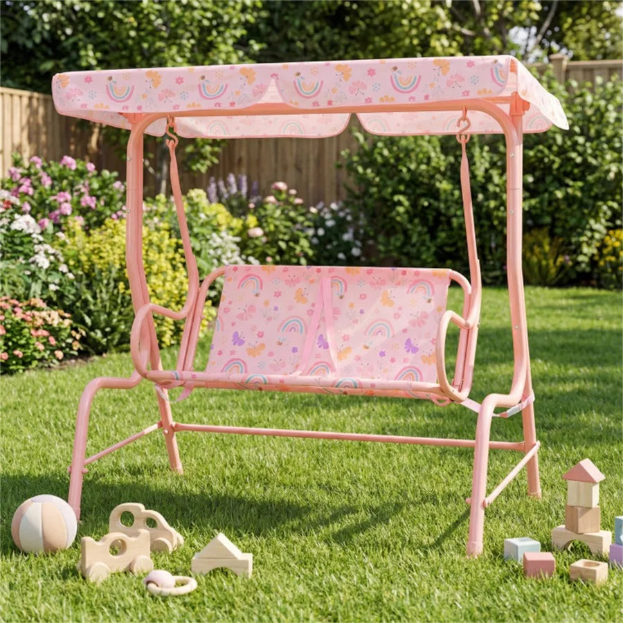 2-Seater Patio Swing with Adjustable Canopy and Safety Belts, Outdoor Toddler Swing Bench - PINK