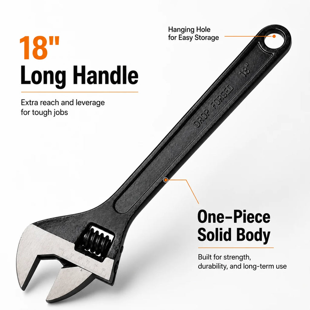 18 Inch Adjustable Wrench Wide Jaw Spanner 2 Inch Jaw Opening Long Handle Tool for Plumbing Auto Repair Nuts Bolts Fasteners