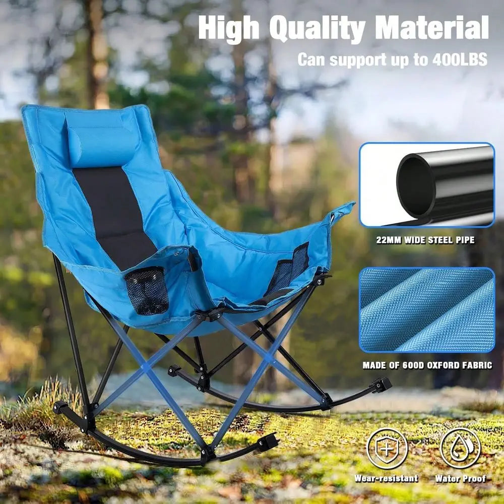 Folding Rocking Camping Chair For Adults Portable Oversized Heavy-Duty Design With Built-in Cup Holder, Cooler Bag Side Pocket
