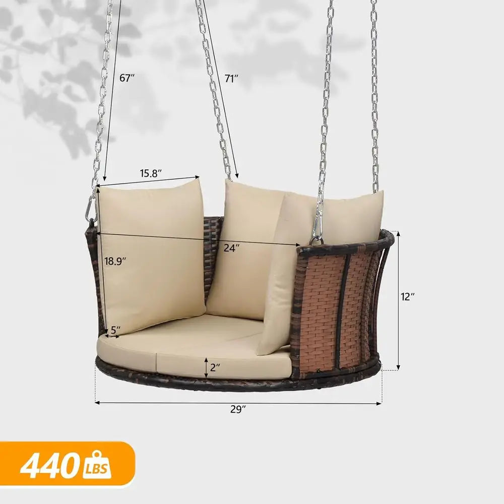 2.4 T 1-Person Use Round Rattan Porch Swing Outdoor Support 440 LBS with Cushions & Adjustable Chains, Patio Wicker Swing