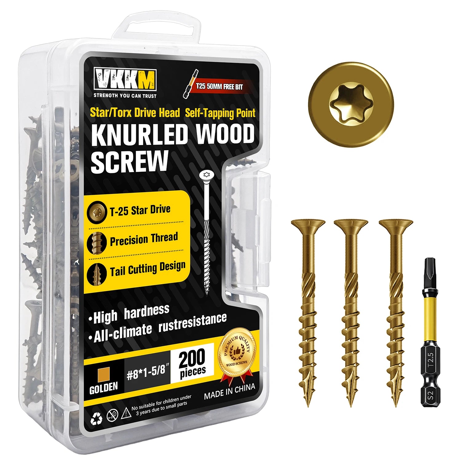 VKKM 200Pcs #8 Torx Wood Screws Kit, Star Drive Self Tapping Outdoor Deck Screws, Heavy Duty All Weather Rust Resistant with Bit for Home DIY