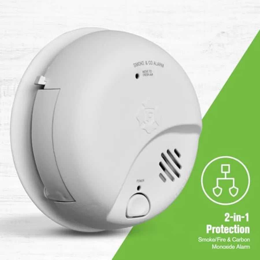 Home safety alarm for smoke and carbon monoxide detection, plastic housing in white, battery-powered with test and silence button