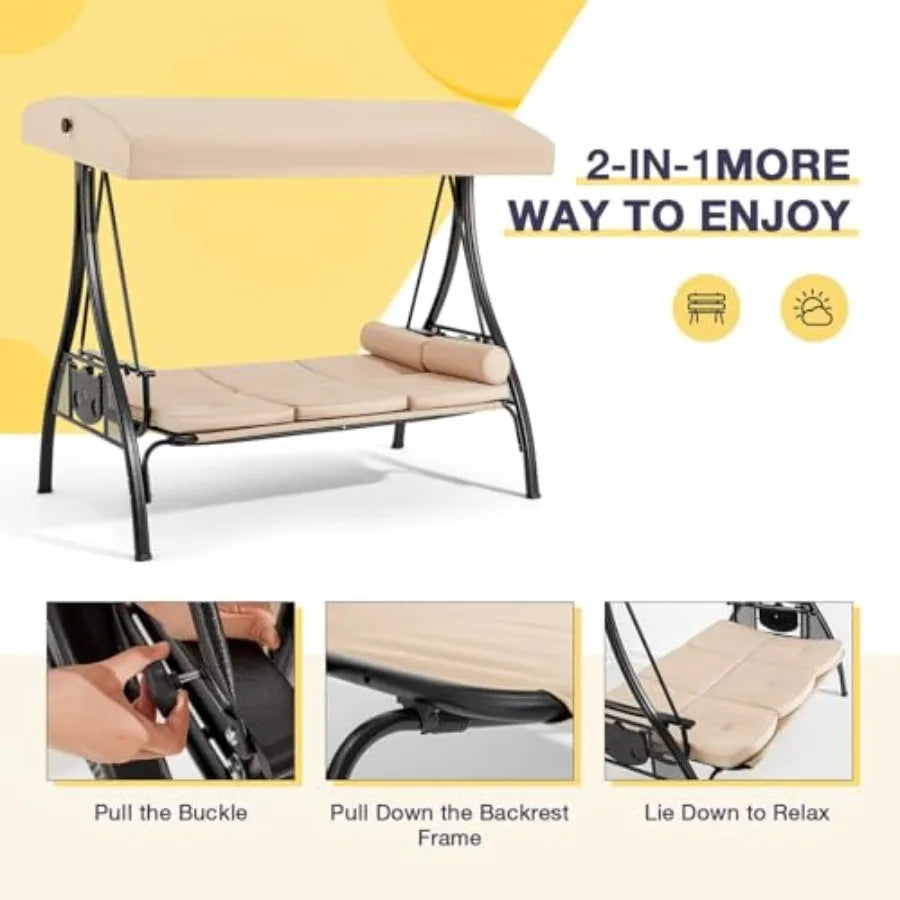3 Person Outdoor Porch Swing with 1.5" Upgraded Cup Holder, Adjustable Canopy, Backrest, Patio Swing Bed with Weather Resistant Fabric