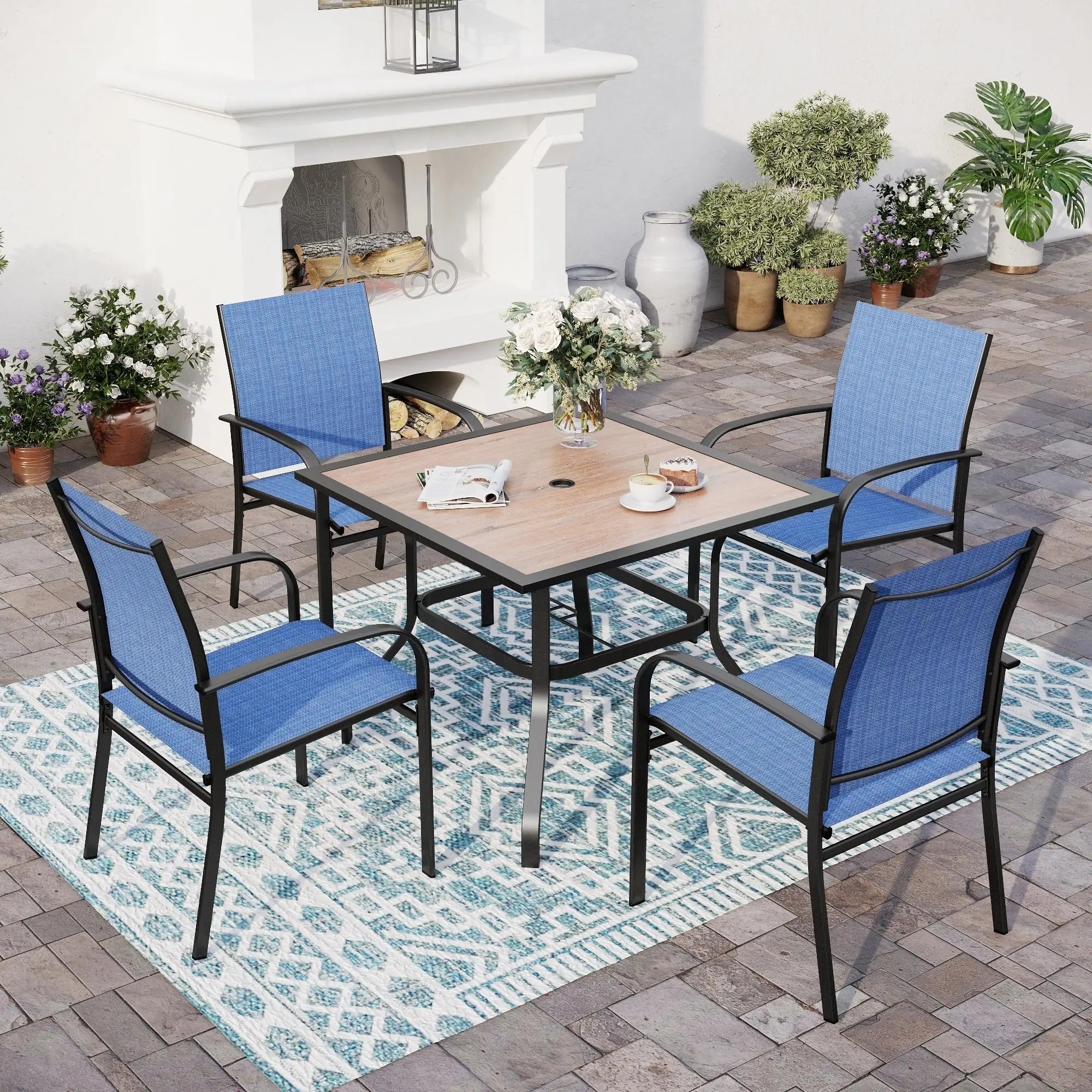 SUNSHINE VALLEY 5/9 Piece Patio Dining Set, Square Table with Umbrella Hole, 4 Metal Brown Chairs, Outdoor Table Chairs Set
