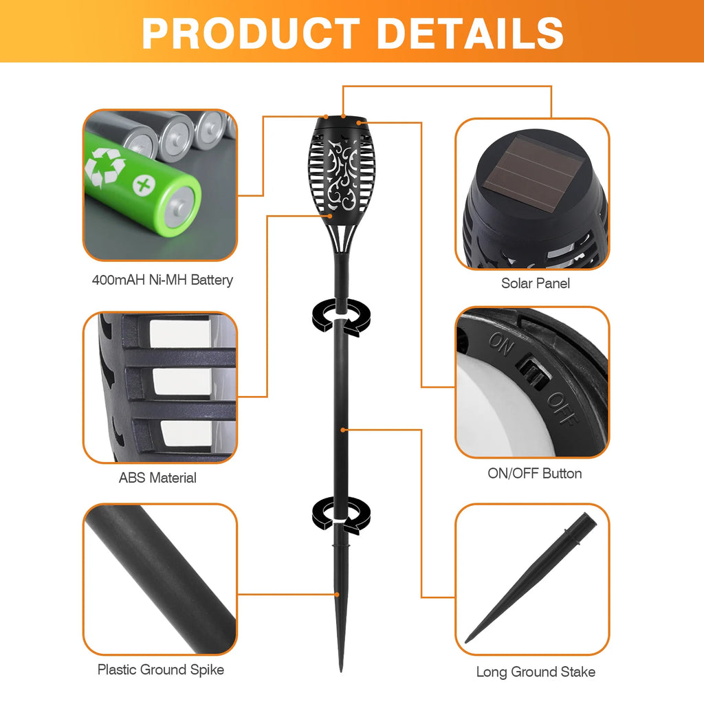 4/6/8/12Pcs Flame Torch Lights, Flickering LED, Outdoor, Solar Powered, Waterproof, 5 Colors