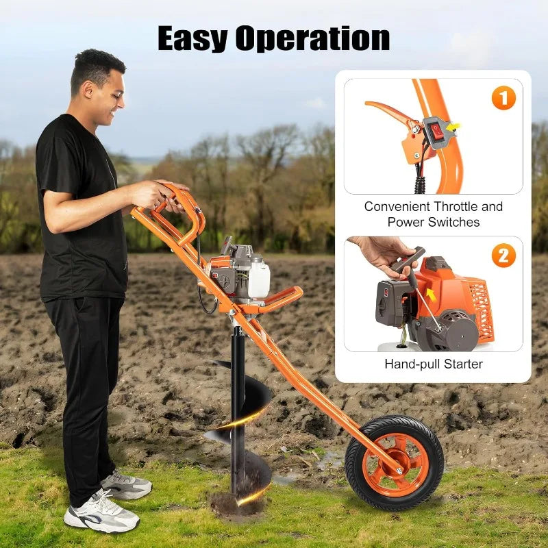 2-Stroke Post Hole Digger, 3HP, Gas Powered, with 11" Bit for Drilling, Blue