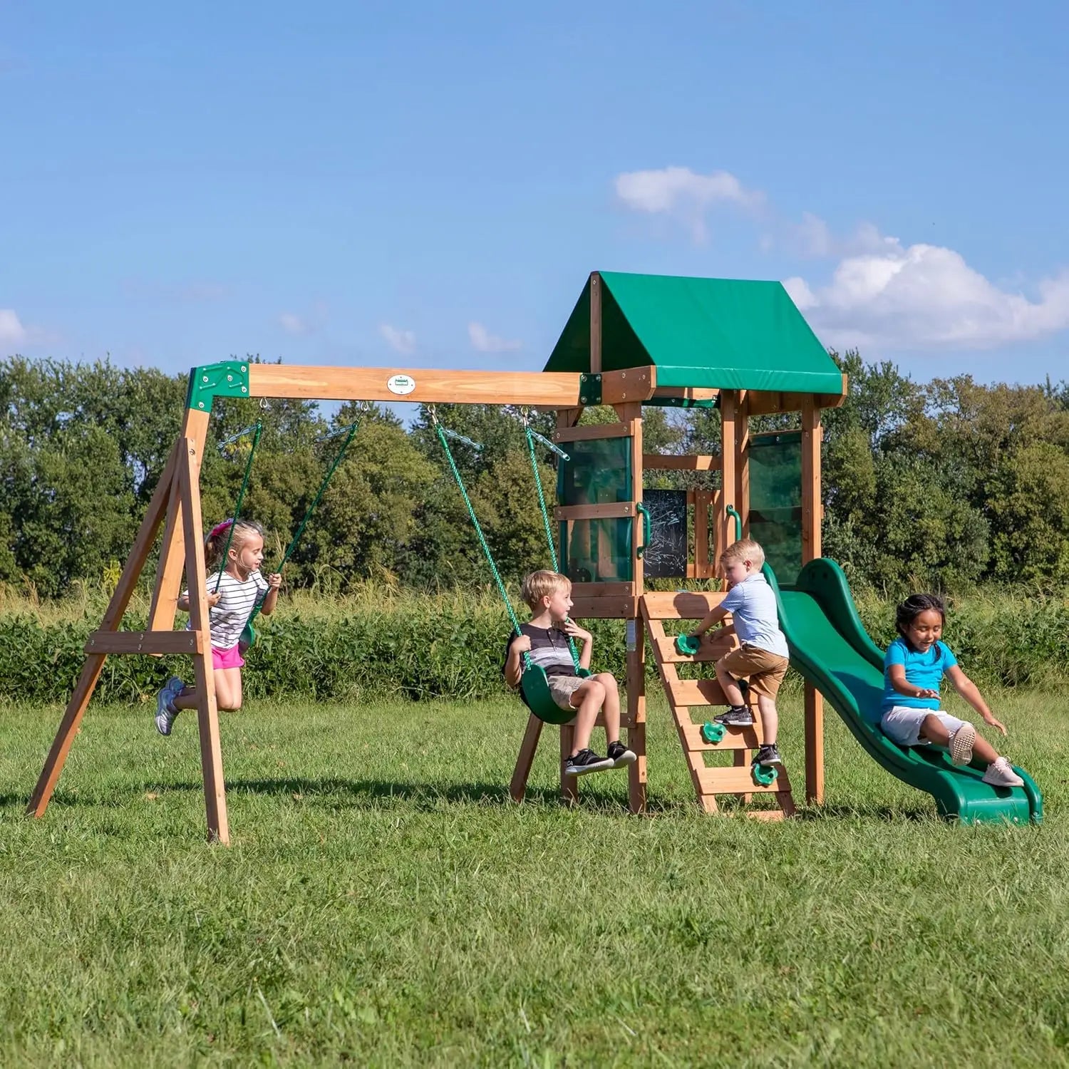 Buckley Hill Cedar Wood Swing Set with Wave Slide, Play Deck, Rock Wall Ladder, Belt Swings, Chalkboard, Canopy Roof, Outdoor Play Center.