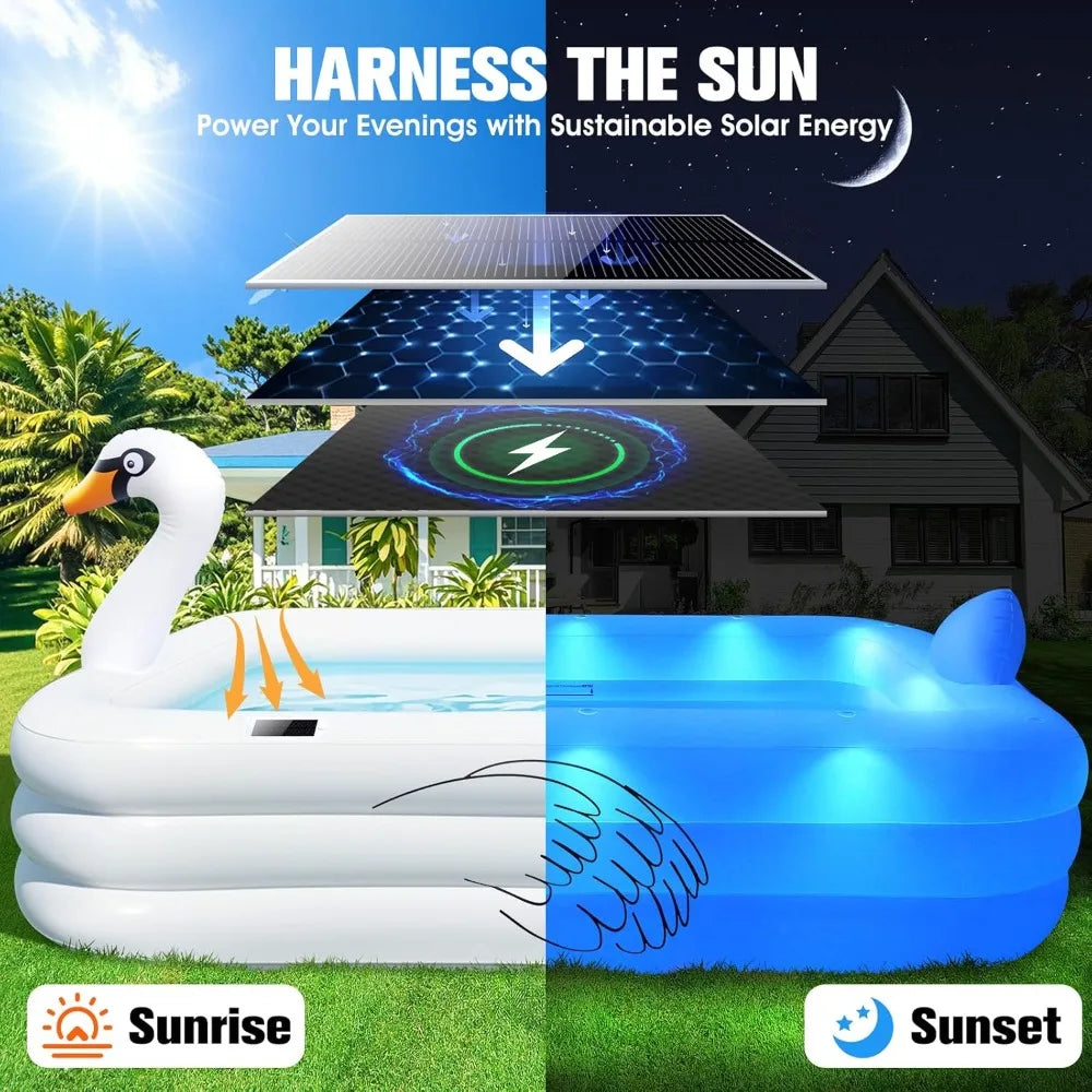 Solar Swan Inflatable Pool with Lights, Oversized Thickened Family Pool 100"x63"x20"