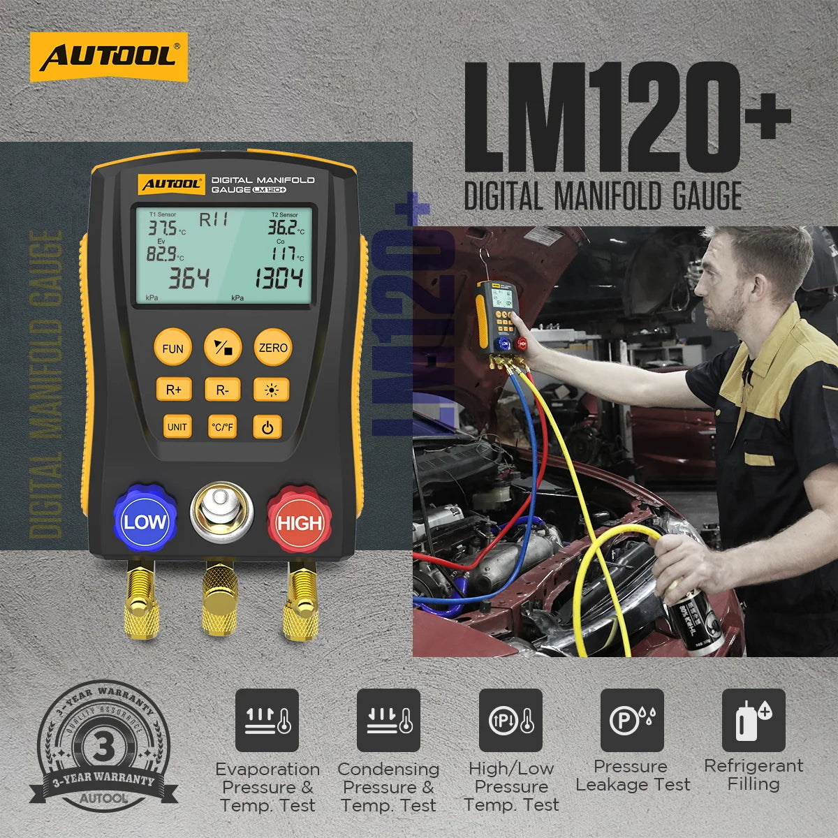 AUTOOL LM120+ Digital Refrigeration Pressure Gauge, Air Conditioning Temperature Detector, Multi-Function Vacuum Pressure Test Tool Kit