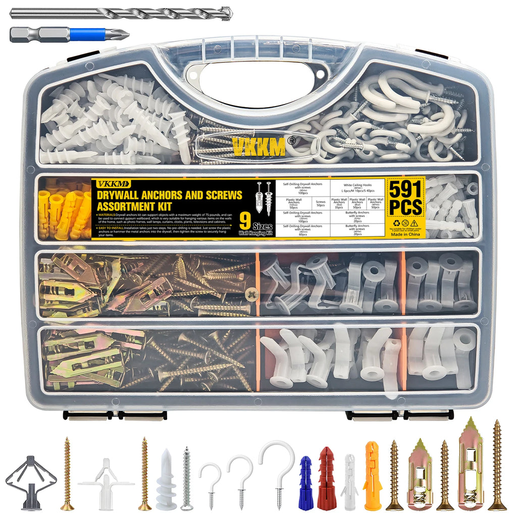 VXXM 591PCS All-in-One Wall Anchors and Screws Kit, No Pre-Drilling Self Drilling & Butterfly Anchors with Hooks & Drill Bits, Heavy 
Duty Hanging Hardware for Home DIY Projects