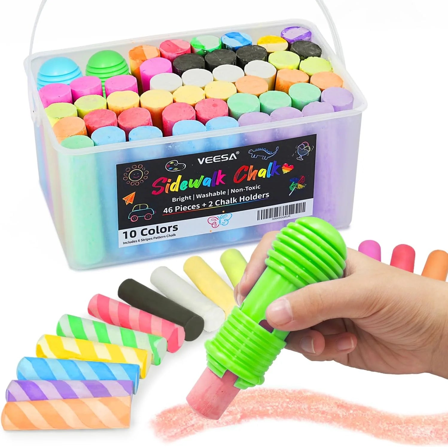 46-Piece Washable Sidewalk Chalk Set, Sidewalk Chalk with Holders, Jumbo Chalk Sticks for Kids Outdoor Fun and Creativity