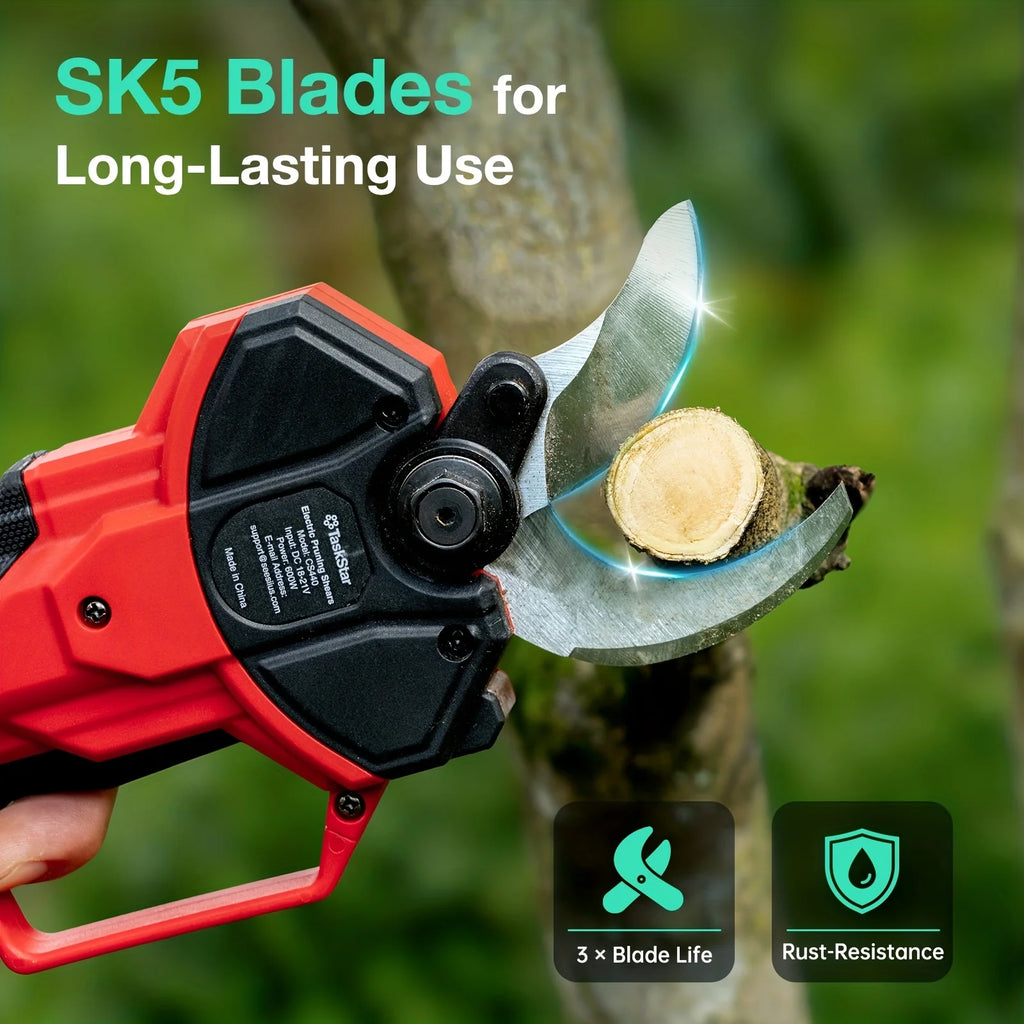 TaskStar Cordless Pruning Shears with SK5 Blade 40MM Electric Shears 3 Adjustable Modes 2 x 2000mAh or 2 x 4000mAh Rechargeable Batteries Powered Trimmer for Cutting Tree Branches