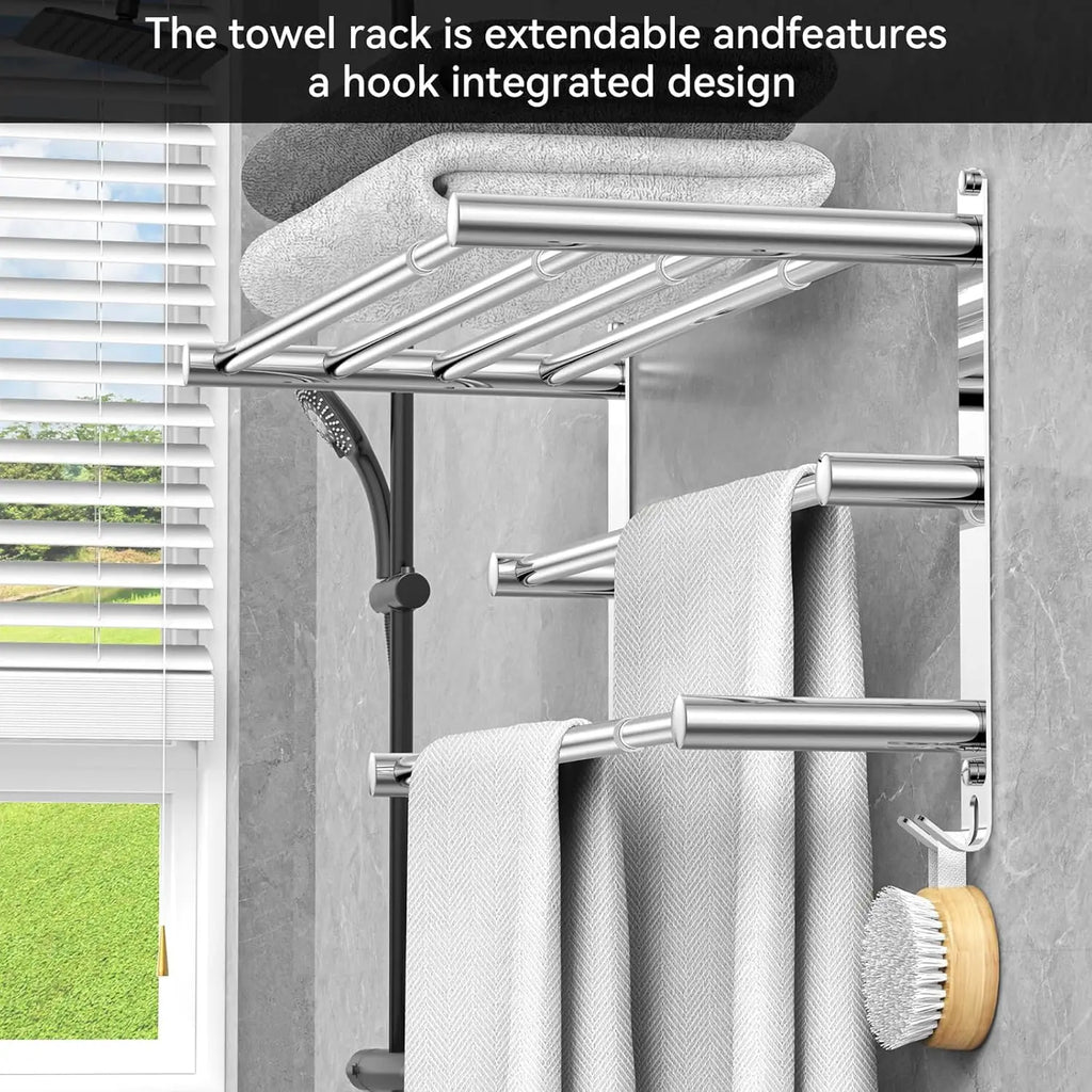 Adjustable Stainless Steel Towel Rack for Bathroom Wall Mount, 17-30.7 Inch Adhesive Shower Towel Holder
