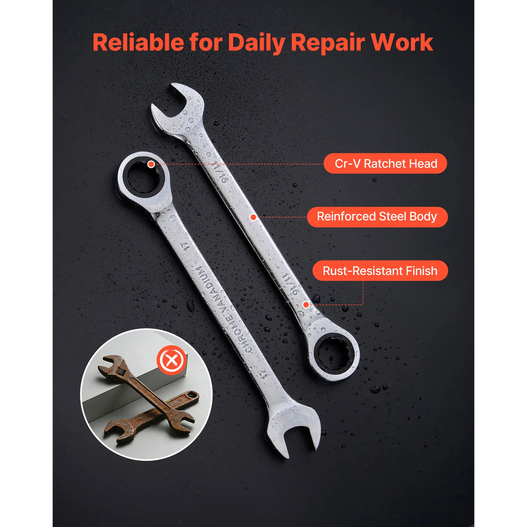 SucceBuy Combination Wrench Set Steel Ratcheting Wrench Set with Rack Organizer Size Labels for Household Automotive Repairs