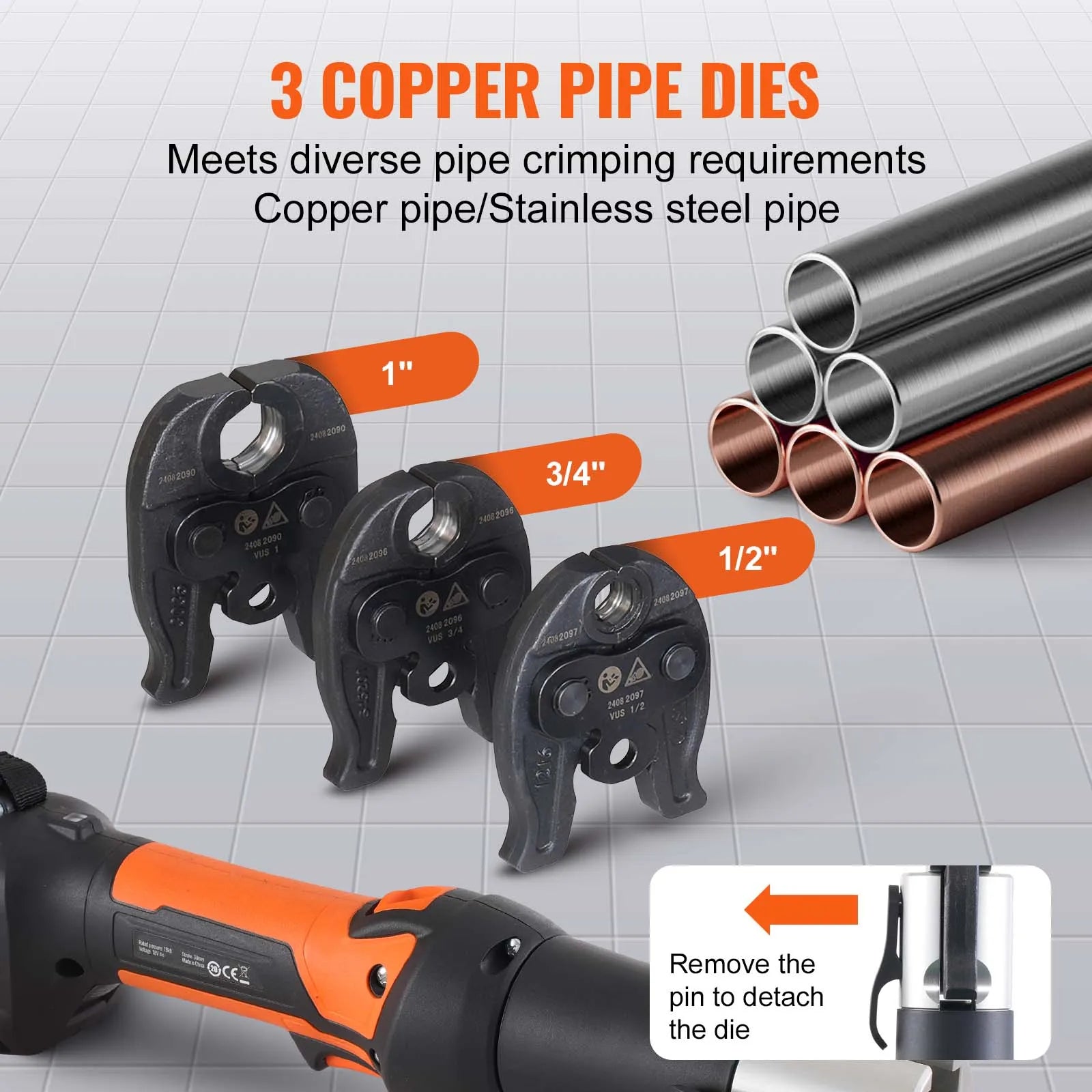 18V Electric Crimping Tool, 1/2" 3/4" 1" Copper Pipes Press Tool Kit w/3 Jaws, 2 Batteries