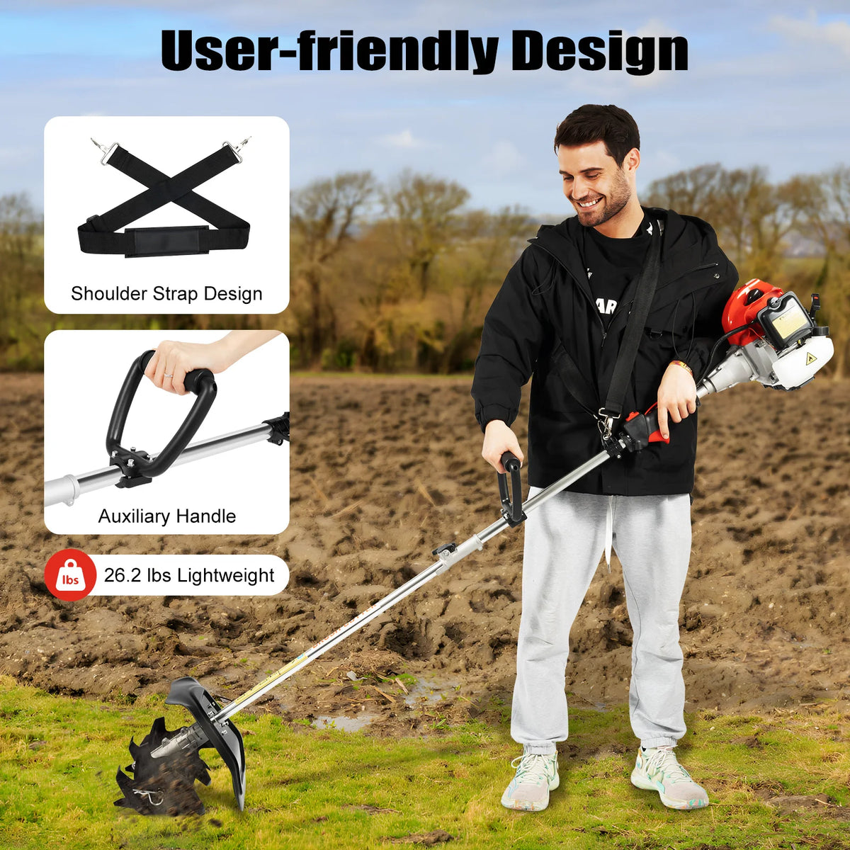 51.7cc Mini Gas Cultivator Cordless Garden Tiller 1.45kW 9 Inch Tilling Width 3.5 Inch Depth with 76.6in Long Pole for Soil Weeding
