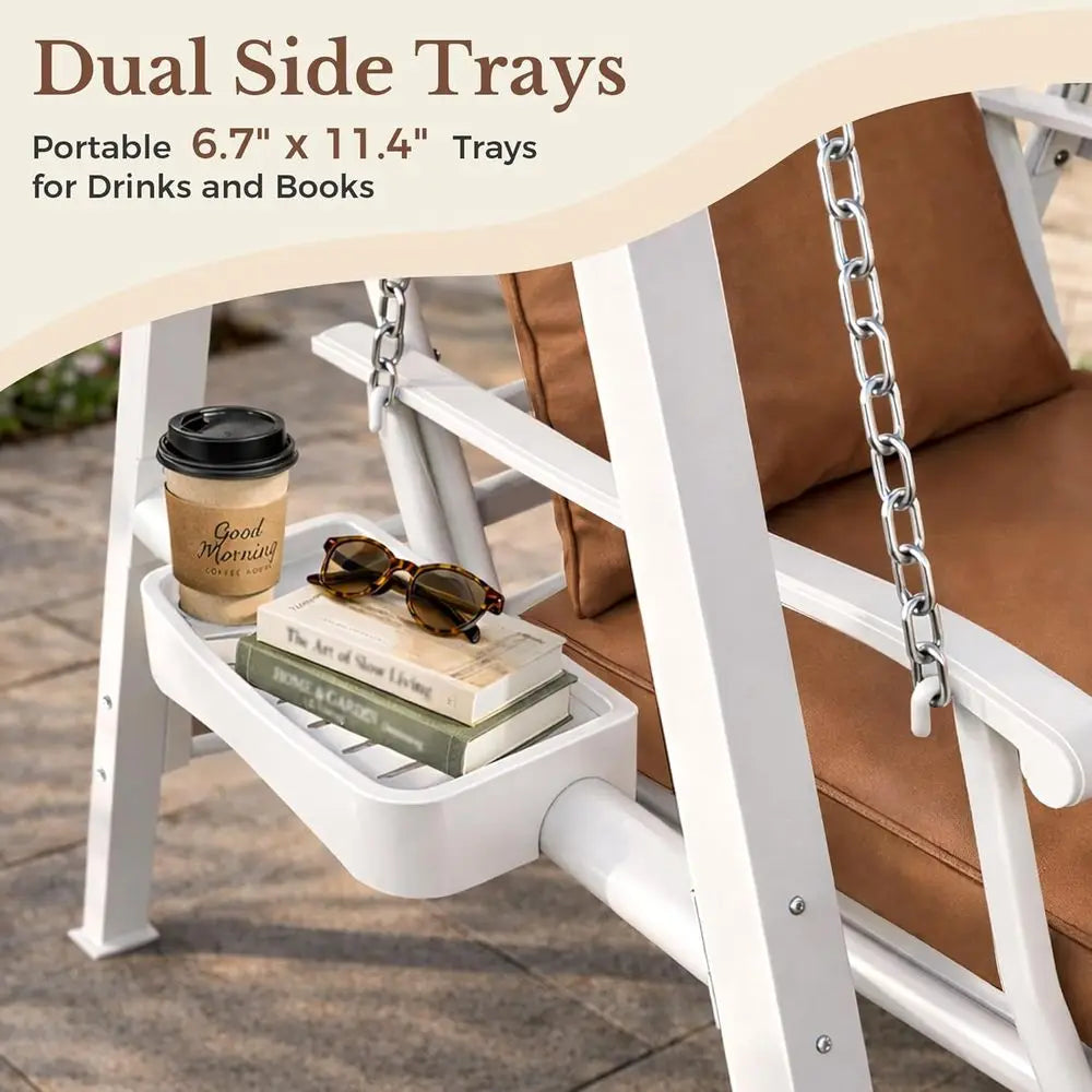 Porch Swing with Stand, 350lbs Heavy-Duty Metal e Outdoor Swing or Adults with Dual Side Trays, Adjustable Chains, Zippered Remo